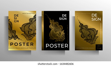 Cover template design set. Gold and black graphic elements are hand-drawn. Vector 10 EPS.