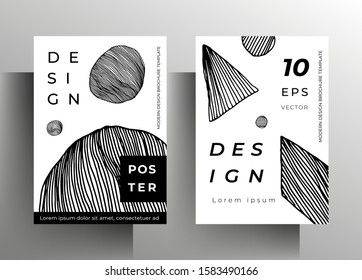 Cover template design set. Graphic texture elements are drawn with pen and ink. A4 format. Vector 10 EPS.