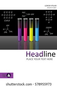 Cover template design with test tubes set liquid in the laboratory for tests and experiments in science and education. Vector. A4.