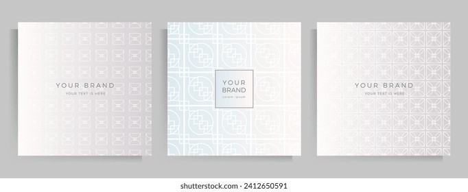 Cover Template Design für Ihr Menü, Einladung, Ordner, Notebook, Postkarte. Elegantes geometrisches Muster in silberner Farbe mit Platz für Ihren Text. Quadratisches Format. Vektorgrafik.