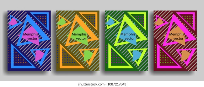 Cover template with figures of geometry memphis style for brochures, posters, banners.