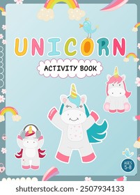 Cover template for Kids activity book, Unicorn game activities book. Letter size format. Vector illustration