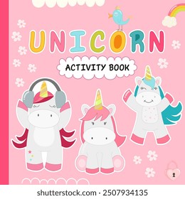 Cover template for Kids activity book, Unicorn game activities book. Square format. Vector illustration