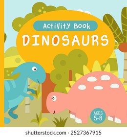 Cover template for Kids activity book, Dinosaur game activities book. Square format. Vector illustration