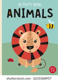 Cover template for Kids activity book, Animals game activities book. Letter format. Vector illustration