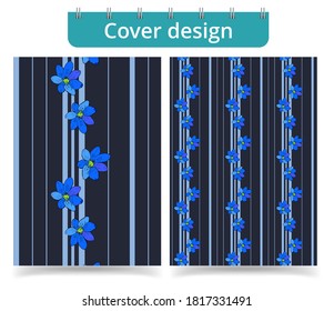 Cover template layout design. Vector illustration of cover design. blue flowers pattern with vertical stripes. Floral cover design