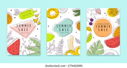 Cover template in line art, tropical fruit concept, for summer sale ad, web banner ad, poster use