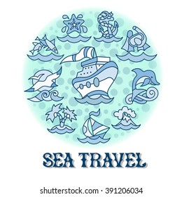 Cover template. Line icons on the theme of summer sea cruise in a circle and place for text. Sea voyage .