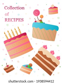 Cover template for a notebook or book with a collection of  Confectionery, colored cakes. Doodle objects on a white.