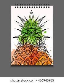 Cover template for Notebook with doodle illustration with pineapple and watercolor splashes. Vector element for printing on T-shirts, postcards and your design