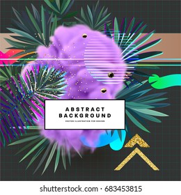 Cover template with palm leaves, golden glitter, trendy hipster and memphis elements and patterns. 80s style retro design for posters, placards, brochures and presentations. Vector illustrations