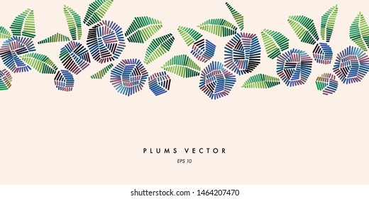 Cover template with plums and green leaves. Fresh fruits. Plum illustration. Vector embroidered design