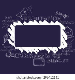 Cover template for Public Relations proposal, presentation, brochure or business card. Features hand drawn PR signs and symbols such as target audience, key messages, target media. 