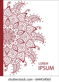 Cover template for a report or booklet. Dark red vector round flower mandala. Oriental circle pattern, asian, Indian, Arabic. on White background.