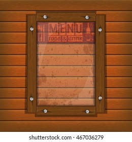 Cover Template restaurant menu background wooden frame and glass plate with food and drink.