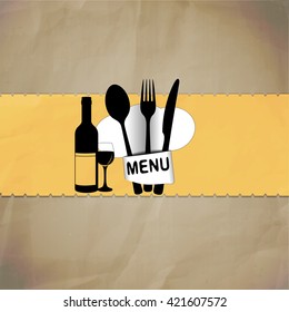 Cover template restaurant menu with chef hat, fork, knife and spoon.