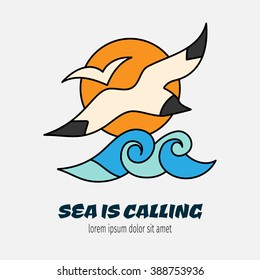 Cover template. Seagulls in the sun over the waves. The illustration on the theme of summer sea cruise and space for text. The sea is calling.