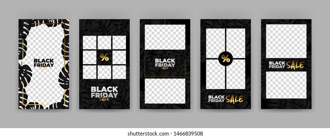 Cover template set - black friday sale with black leaves monstera deliciosa and gold additions.