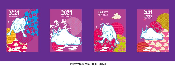 Cover template set with Bulls on Modern geometric Patterns with ornate shapes. Visual drawing of ad poster to Happy new year or Chinese new year banner with bull.