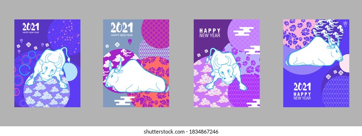 Cover template set with funny bull and Patterns in Modern Style geometric ornate shapes.