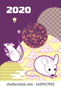 Plantilla de portada con divertidos ratón y patrones en formas geométricas ornadas de estilo moderno.