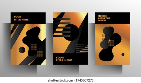 Cover template set. Gold with black geometric design. A4 format. Vector 10 EPS.