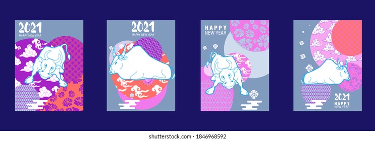 Plantilla de portada con Patrones en formas geométricas ornadas de estilo moderno. Dibujo visual de afiche de anuncios a Feliz Año Nuevo o banner chino de año nuevo con toro.
