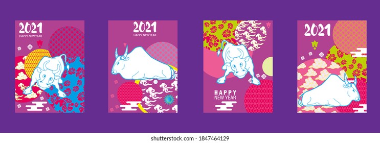 Cover template set with Patterns in Modern Style geometric ornate shapes. Visual drawing of ad poster to Happy new year or Chinese new year banner with bull.