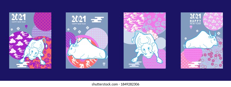 Cover template set with Patterns in Modern Style geometric ornate shapes. Visual drawing of ad poster to Happy new year or Chinese new year banner with bull.