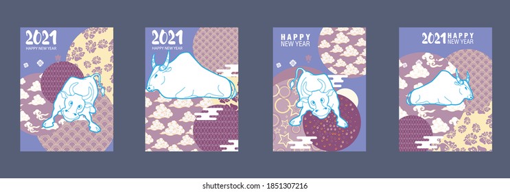 Cover template set with Patterns in Modern Style geometric ornate shapes. Visual drawing of ad poster to Happy new year or Chinese new year banner with bull.