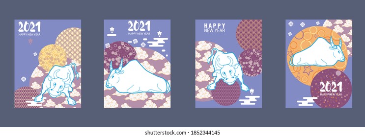 Cover template set with Patterns in Modern Style geometric ornate shapes. Visual drawing of ad poster to Happy new year or Chinese new year banner with bull.