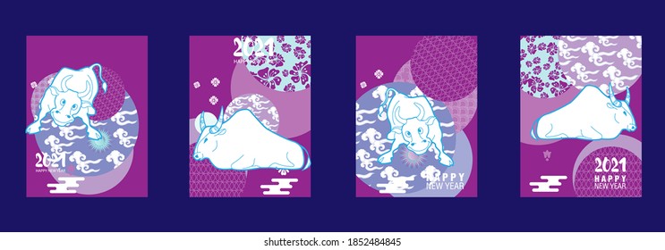 Cover template set with Patterns in Modern Style geometric ornate shapes. Visual drawing of ad poster to Happy new year or Chinese new year banner with bull.