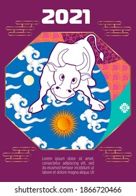 Cover template set with Patterns in Modern Style geometric ornate shapes. Visual drawing of ad poster to Happy new year or Chinese new year banner with bull.