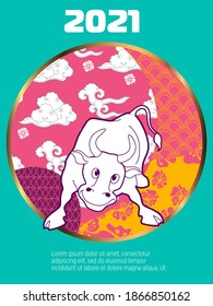 Cover template set with Patterns in Modern Style geometric ornate shapes. Visual drawing of ad poster to Happy new year or Chinese new year banner with bull.