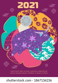 Cover template set with Patterns in Modern Style geometric ornate shapes. Visual drawing of ad poster to Happy new year or Chinese new year banner with bull.