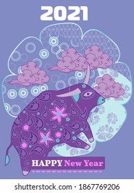 Cover template set with Patterns in Modern Style geometric ornate shapes. Visual drawing of ad poster to Happy new year or Chinese new year banner with bull.