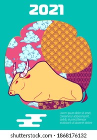 Cover template set with Patterns in Modern Style geometric ornate shapes. Visual drawing of ad poster to Happy new year or Chinese new year banner with bull.