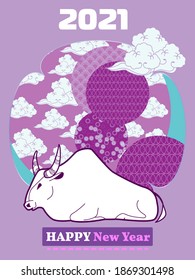 Plantilla de portada con Patrones en formas geométricas ornadas de estilo moderno. Dibujo visual de afiche publicitario para Feliz Año Nuevo o banner chino de año nuevo con toro