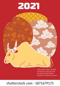 Cover template set with Patterns in Modern Style geometric ornate shapes. Visual drawing of ad poster to Happy new year or Chinese new year banner with bull.