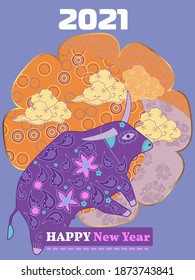 Cover template set with Patterns in Modern Style geometric ornate shapes. Visual drawing of ad poster to Happy new year or Chinese new year banner with bull.