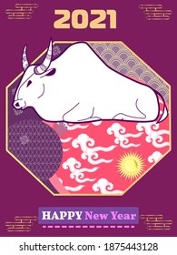 Cover template set with Patterns in Modern Style geometric ornate shapes. Visual drawing of ad poster to Happy new year or Chinese new year banner with bull.