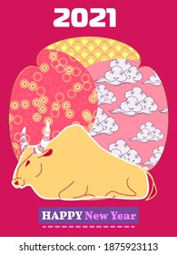 Cover template set with Patterns in Modern Style geometric ornate shapes. Visual drawing of ad poster to Happy new year or Chinese new year banner with bull.