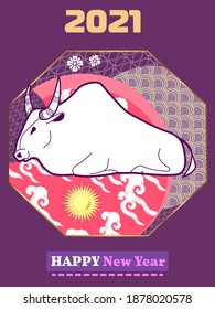 Cover template set with Patterns in Modern Style geometric ornate shapes. Visual drawing of ad poster to Happy new year or Chinese new year banner with bull.
