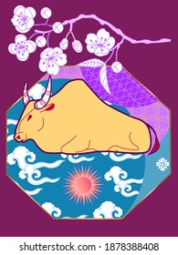 Cover template set with Patterns in Modern Style geometric ornate shapes. Visual drawing of ad poster to Happy new year or Chinese new year banner with bull.