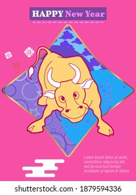 Cover template set with Patterns in Modern Style geometric ornate shapes. Visual drawing of ad poster to Happy new year or Chinese new year banner with bull.