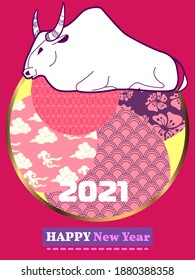 Cover template set with Patterns in Modern Style geometric ornate shapes. Visual drawing of ad poster to Happy new year or Chinese new year banner with bull.