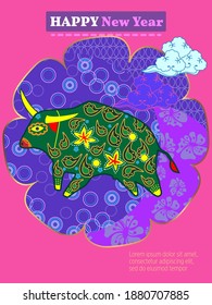 Cover template set with Patterns in Modern Style geometric ornate shapes. Visual drawing of ad poster to Happy new year or Chinese new year banner with bull.