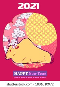 Cover template set with Patterns in Modern Style geometric ornate shapes. Visual drawing of ad poster to Happy new year or Chinese new year banner with bull.
