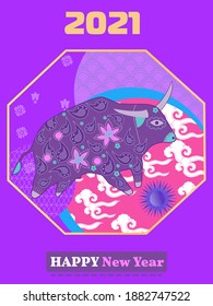Cover template set with Patterns in Modern Style geometric ornate shapes. Visual drawing of ad poster to Happy new year or Chinese new year banner with bull.