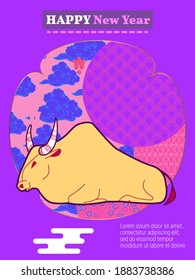 Cover template set with Patterns in Modern Style geometric ornate shapes. Visual drawing of ad poster to Happy new year or Chinese new year banner with bull.